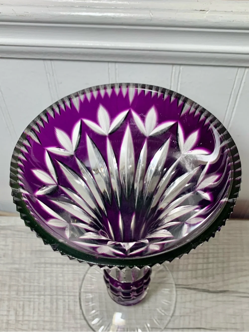Vintage Bohemian Amethyst Cut To Clear Trumpet Flared Footed Vase